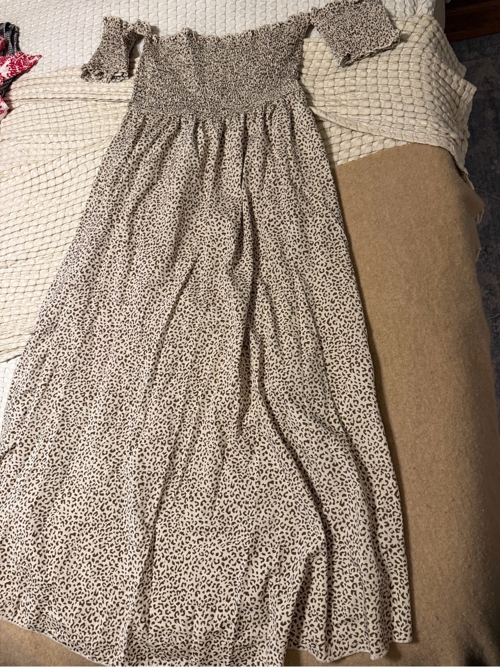 Off-Shoulder Beige Leopard Print Maxi Dress